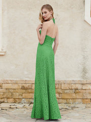 Halter Neck Sheath Lace Gown Green Plus Size