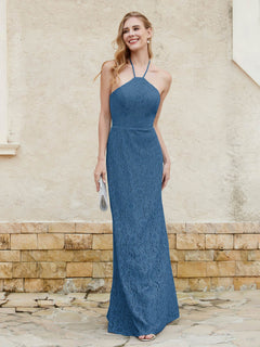 Halter Neck Sheath Lace Gown Ink Blue