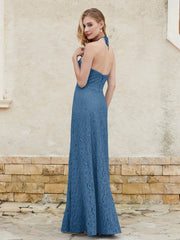 Halter Neck Sheath Lace Gown Ink Blue