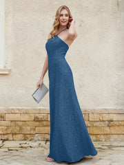 Halter Neck Sheath Lace Gown Ink Blue