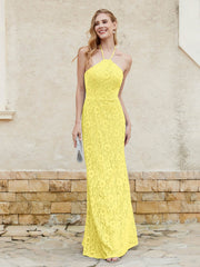 Halter Neck Sheath Lace Gown Lemon
