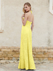 Halter Neck Sheath Lace Gown Lemon