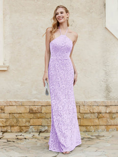 Halter Neck Sheath Lace Gown Lilac