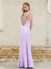 Halter Neck Sheath Lace Gown Lilac