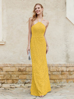 Halter Neck Sheath Lace Gown Marigold