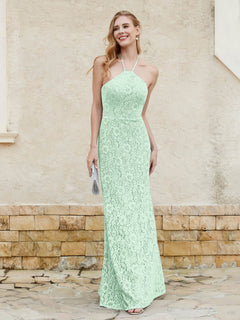 Halter Neck Sheath Lace Gown Mint Green