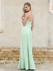 Halter Neck Sheath Lace Gown Mint Green Plus Size