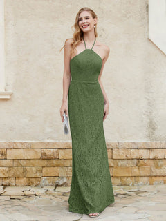 Halter Neck Sheath Lace Gown Moss