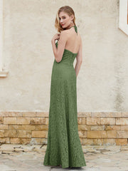 Halter Neck Sheath Lace Gown Moss