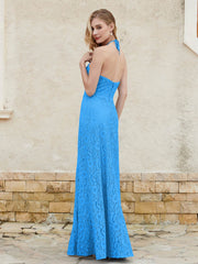 Halter Neck Sheath Lace Gown Ocean Blue