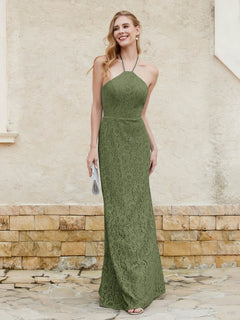 Halter Neck Sheath Lace Gown Olive Green