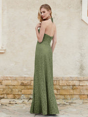 Halter Neck Sheath Lace Gown Olive Green Plus Size