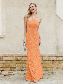 Halter Neck Sheath Lace Gown Orange