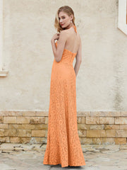 Halter Neck Sheath Lace Gown Orange