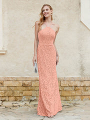 Halter Neck Sheath Lace Gown Papaya