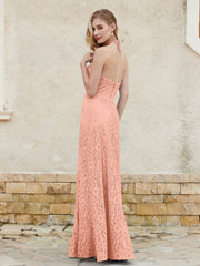 Halter Neck Sheath Lace Gown Papaya