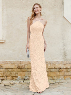 Halter Neck Sheath Lace Gown Peach Plus Size