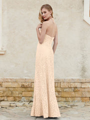 Halter Neck Sheath Lace Gown Peach