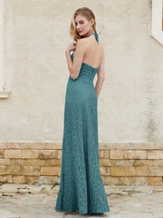 Halter Neck Sheath Lace Gown Peacock