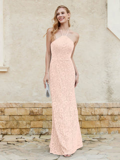 Halter Neck Sheath Lace Gown Pearl Pink