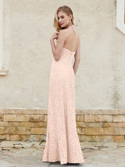 Halter Neck Sheath Lace Gown Pearl Pink