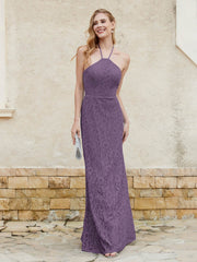 Halter Neck Sheath Lace Gown Plum