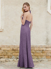 Halter Neck Sheath Lace Gown Plum