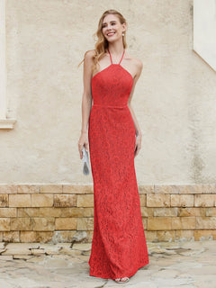 Halter Neck Sheath Lace Gown Red