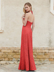 Halter Neck Sheath Lace Gown Red