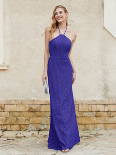 Halter Neck Sheath Lace Gown Royal Blue