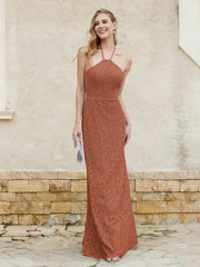Halter Neck Sheath Lace Gown Rust