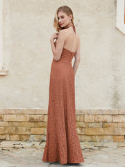 Halter Neck Sheath Lace Gown Rust