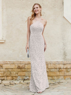 Halter Neck Sheath Lace Gown Silver