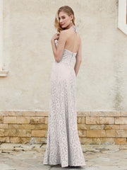 Halter Neck Sheath Lace Gown Silver