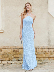 Halter Neck Sheath Lace Gown Sky Blue