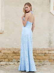 Halter Neck Sheath Lace Gown Sky Blue