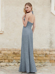 Halter Neck Sheath Lace Gown Slate Blue Plus Size