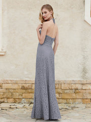 Halter Neck Sheath Lace Gown Steel Grey Plus Size