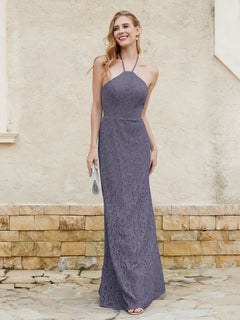 Halter Neck Sheath Lace Gown Stormy