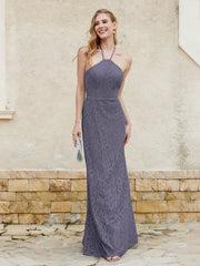 Halter Neck Sheath Lace Gown Stormy