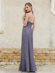 Halter Neck Sheath Lace Gown Stormy