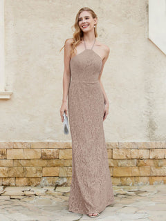 Halter Neck Sheath Lace Gown Taupe