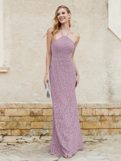 Halter Neck Sheath Lace Gown Vintage Mauve