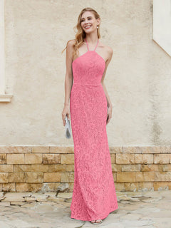 Halter Neck Sheath Lace Gown Watermelon Plus Size