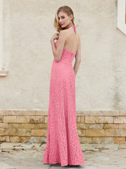 Halter Neck Sheath Lace Gown Watermelon Plus Size