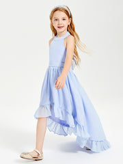 BABARONI Chiffon Lavender Junior Bridesmaid Dresses A-line Scoop Sleeveless Bow Pleated Ruffles Asymmetrical, Lavender / J4