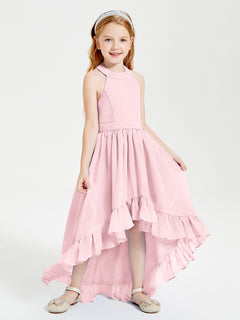 Boho Junior Bridesmaid Dresses Asymmetrical Cascading Skirt Blushing Pink