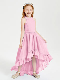 Boho Junior Bridesmaid Dresses Asymmetrical Cascading Skirt Candy Pink