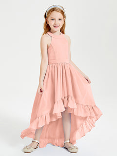 Boho Junior Bridesmaid Dresses Asymmetrical Cascading Skirt Coral