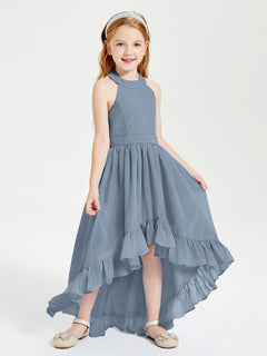 Boho Junior Bridesmaid Dresses Asymmetrical Cascading Skirt Dusty Blue